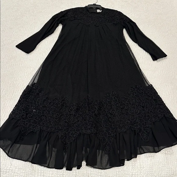 Dainty Jewell Black Sheer Lace Long Sleeve Maxi Dress Sz L Crochet High Neck - Picture 10 of 11